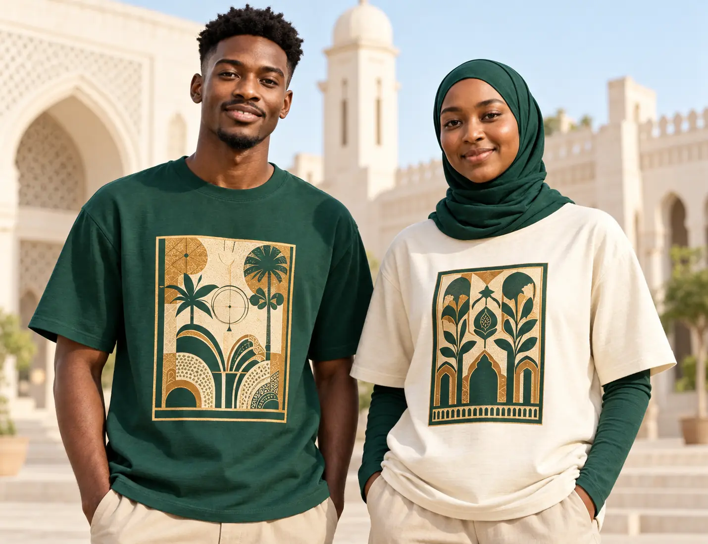 Two models wearing printed Albarka pieces